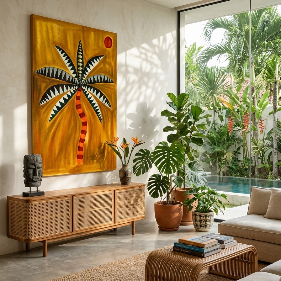 Solaris Palms: 110x70 Abstract Hand-Painted Ochre Canvas