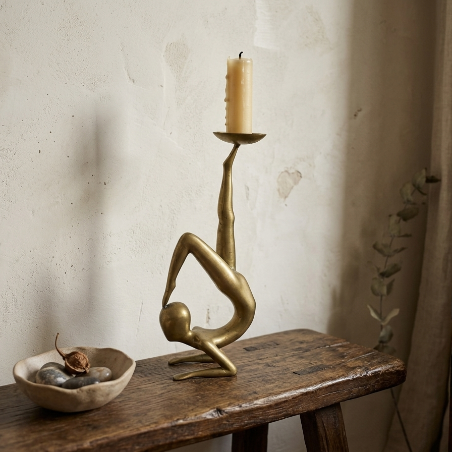 Vintage solid brass candlestick holder shaped like a contortionist gymnast in a chin-stand pose, balancing a candle dish on one raised foot In a console.