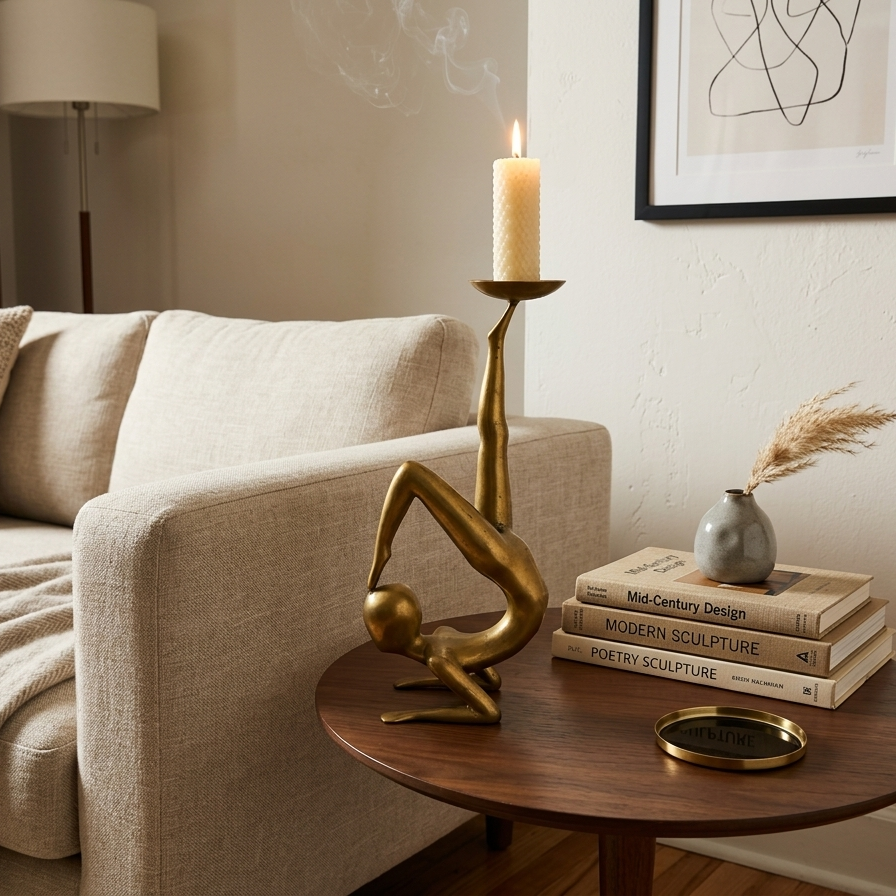 Vintage solid brass candlestick holder shaped like a contortionist gymnast in a chin-stand pose, balancing a candle dish on one raised foot in a side table.