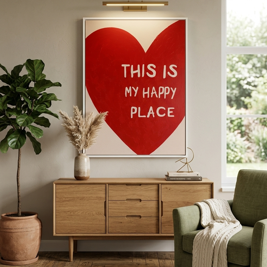 Modern red heart wall art featuring the quote This Is My Happy Place in white hand-lettered typography on a cream background.