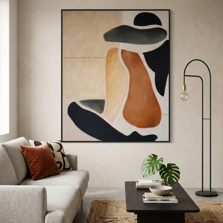 Large-scale textured abstract painting featuring organic silhouettes in terracotta, sand, and charcoal black. Minimalist wall art with a sand-plastered finish and earthy tones, perfect for wabi-sabi or modern natural interior design.