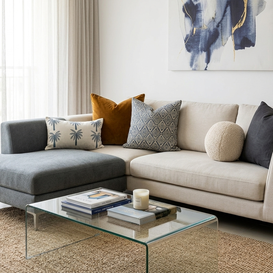 A rectangular off-white lumbar cushion featuring two rows of three identical palm trees embroidered in deep teal blue thread.