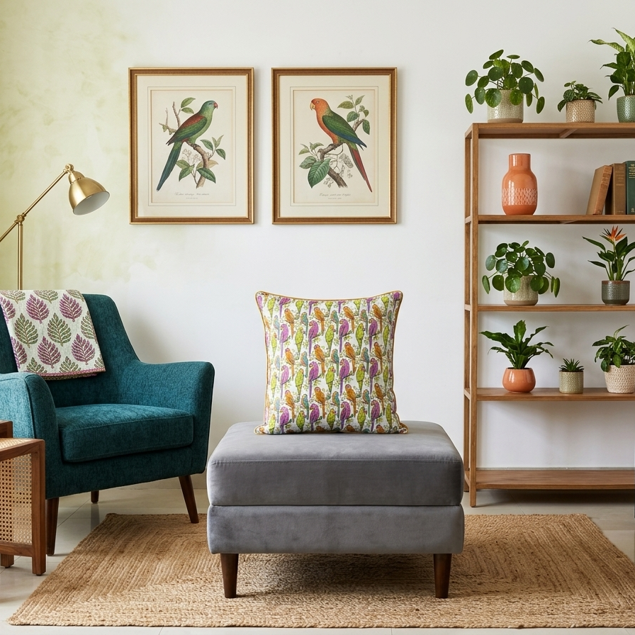An upright, square decorative pillow cover featuring a vibrant, hand-drawn repeating pattern of tropical parrots perched on thin branches with small green leaves. The parrots are illustrated in a variety of color combinations, including magenta and purple, bright lime green, and amber orange with teal accents. The pillow has a distinct mustard-yellow piped edge.