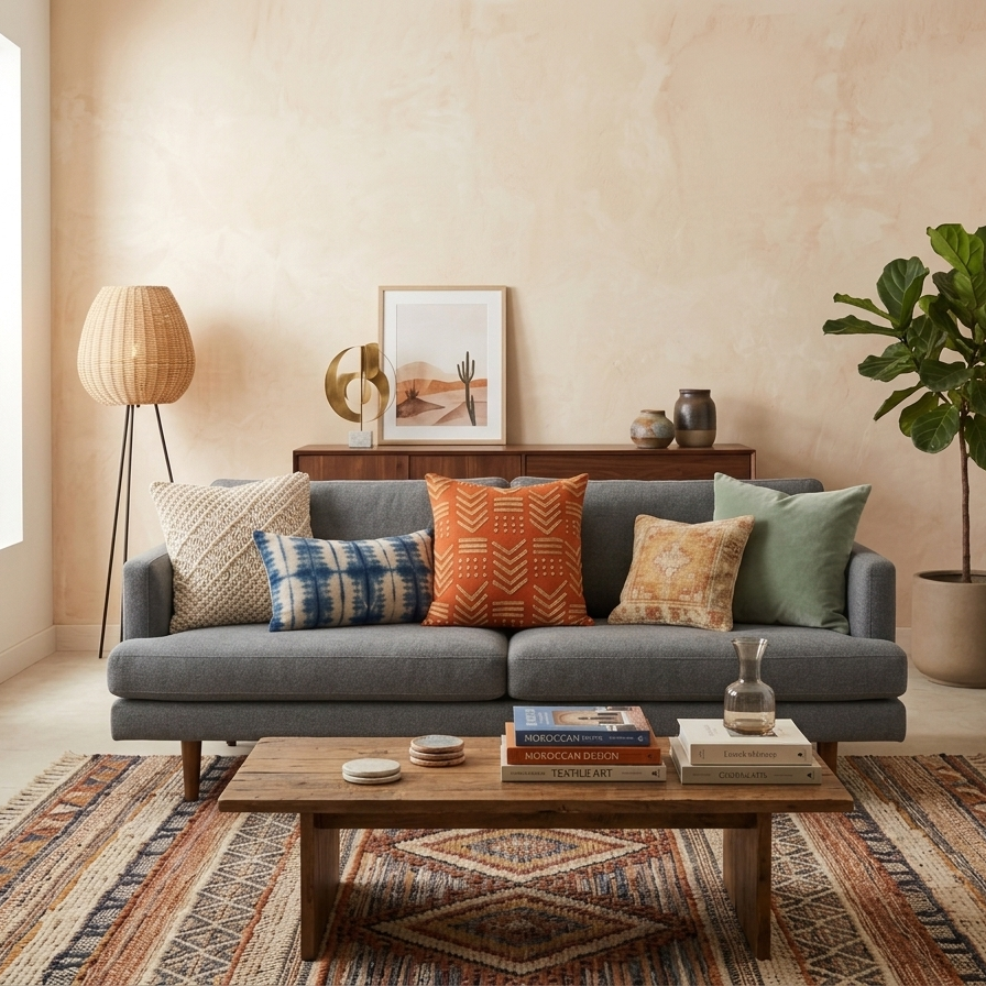 Square terracotta orange throw pillow cover with raised gold-toned geometric embroidery in a tribal mudcloth design featuring chevrons and dots.