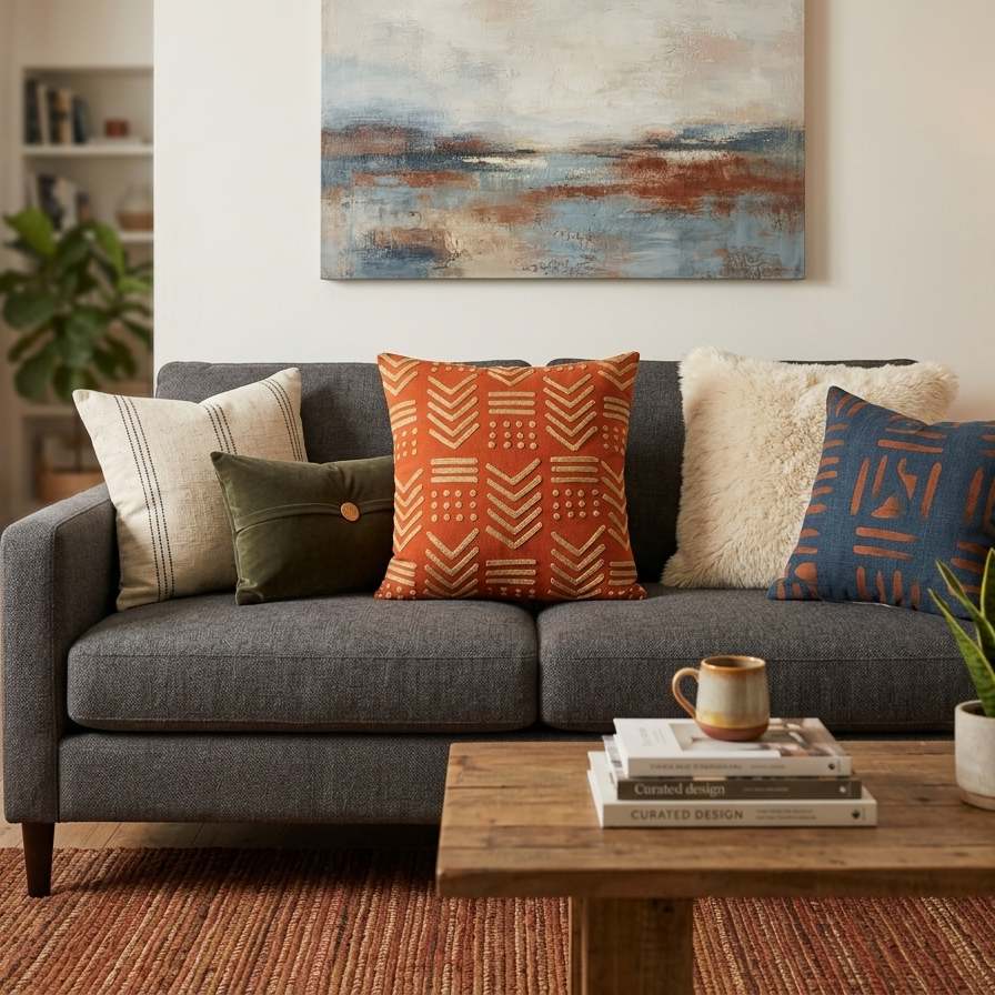 Square terracotta orange throw pillow  with raised gold-toned geometric embroidery in a tribal mudcloth design featuring chevrons and dots.