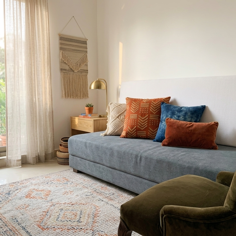 Square terracotta orange throw pillow cover with raised gold-toned geometric embroidery in a tribal mudcloth design featuring chevrons and dots.