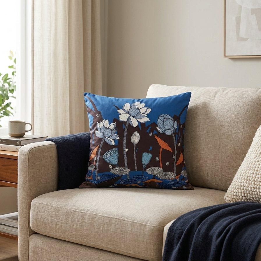 Cobalt blue lotus cushion as a statement piece on a neutral cream sofa in a bright, minimalist living room.