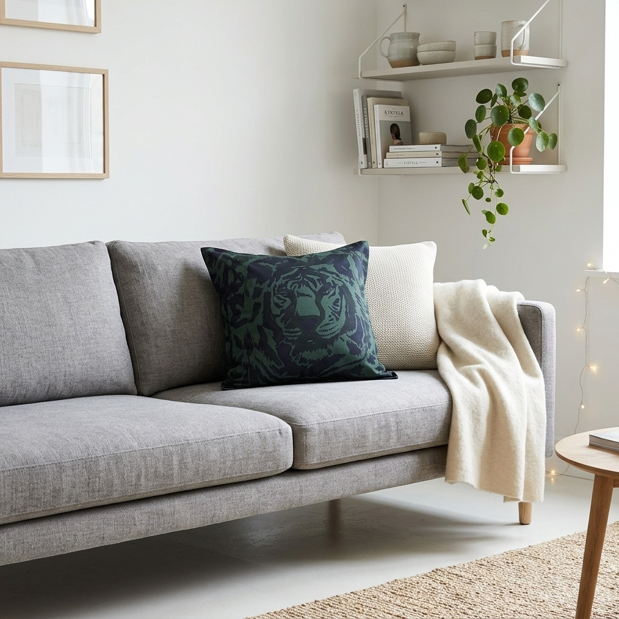 Modern forest green animal print silk cushion by Jim Thompson in a bright Scandinavian-style living room.