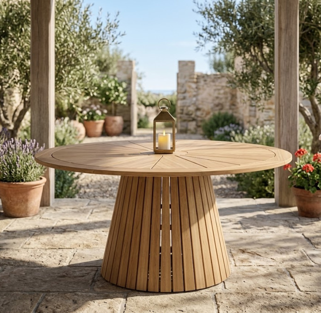 SLAT BASE ROUND TEAK DINING TABLE